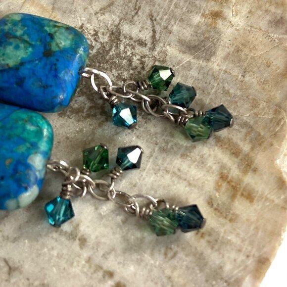 Sterling Silver 925 Square Azurite Bi-Cone Beaded Leverback Dangle Earrings - Picture 7 of 12